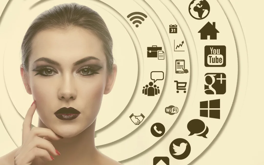 A women with her hair in a bun with dark lipstick surrounded by social media icons