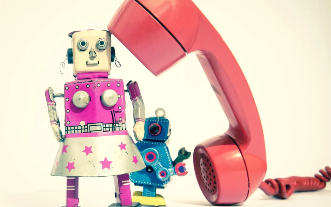 Chatbot wearing a dress with a large red phone next to it and a pale yellow background