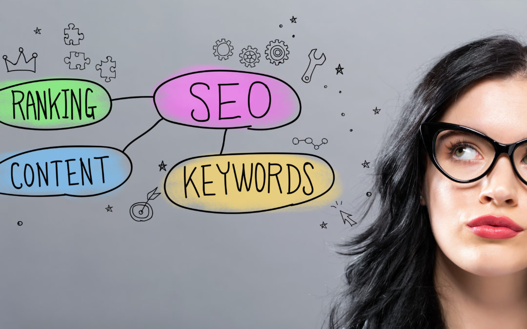 Woman with black hair and glasses with words in colorful circles relating to seo