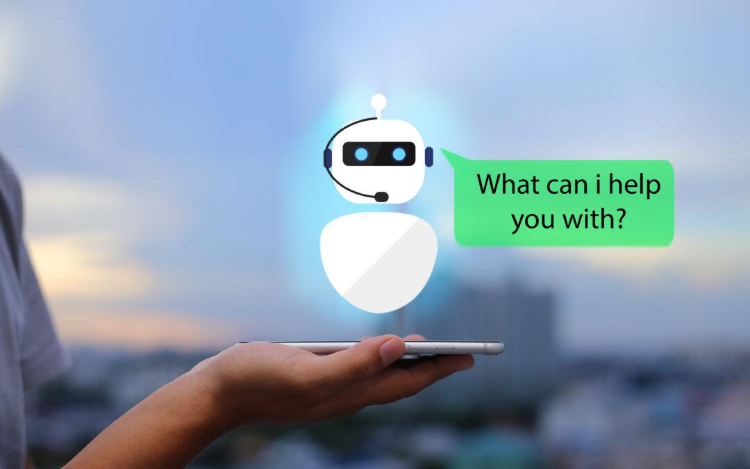 A hand holding a chatbot with text that says what can I help you with