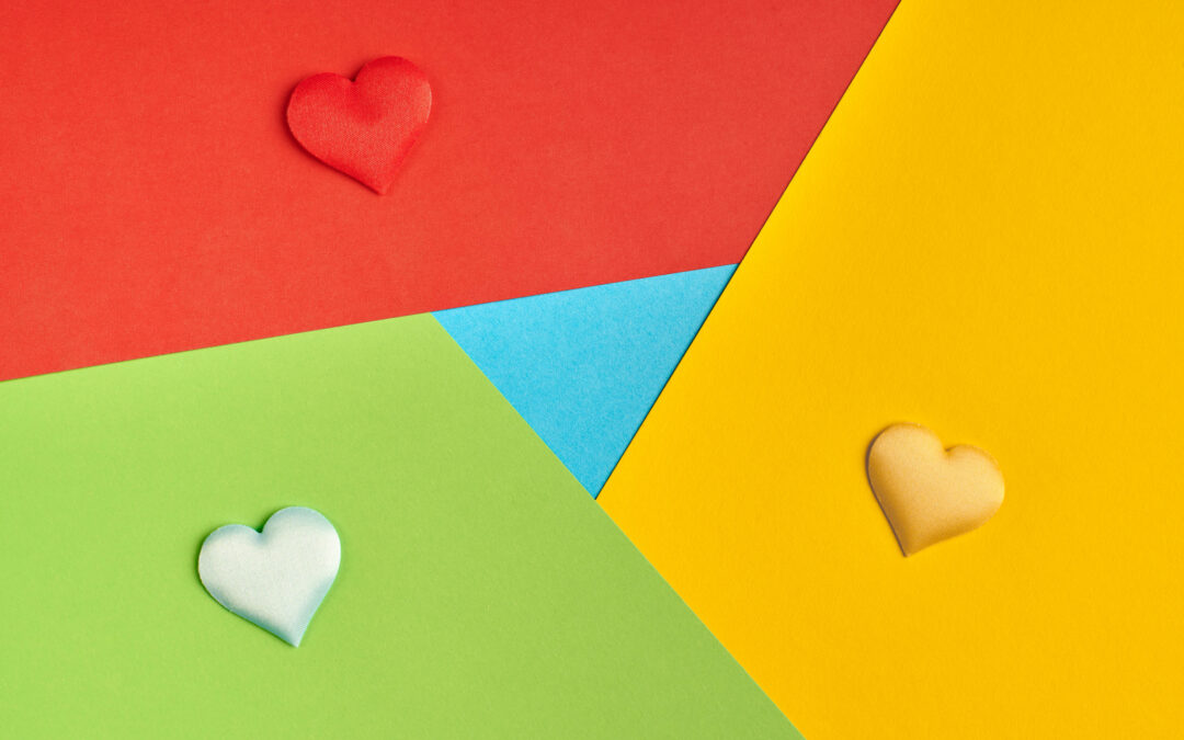 Favorite browser logo from paper. Red, yellow, green and blue colors. Colorful and bright logo with hearts. Google AI search