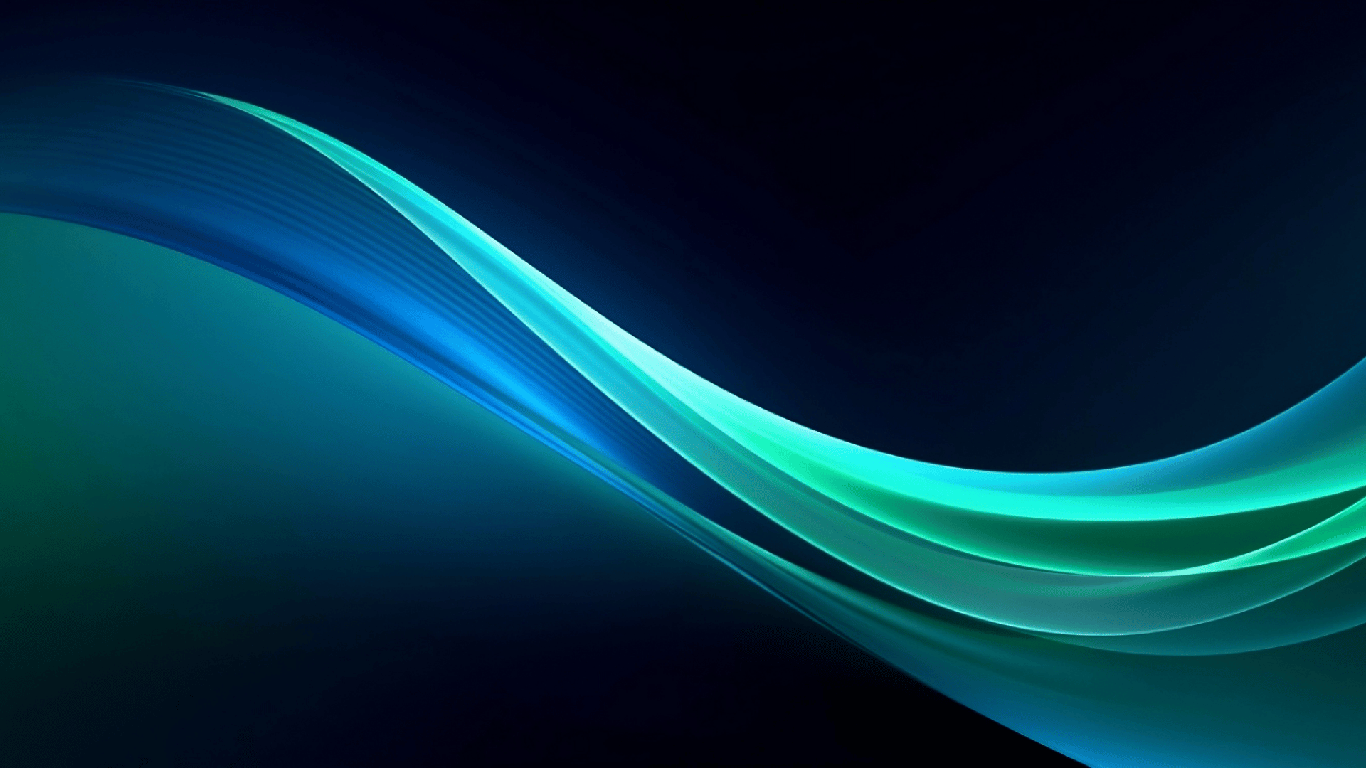 Abstract blue and green digital wave on black background representing AI marketing data flow and connected technology systems