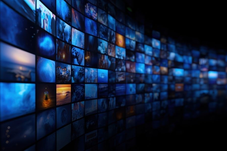 An image of a wall of apps to the left with a black background.