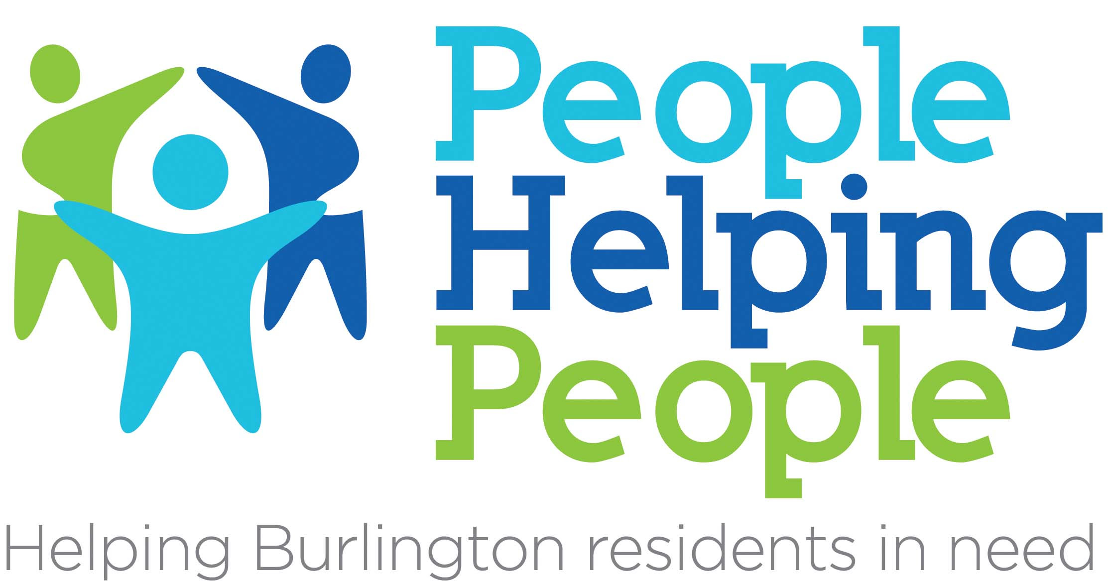 A logo representing People Helping People in Burlington Massachusetts. A white background with turquoise, blue, and lime green colors