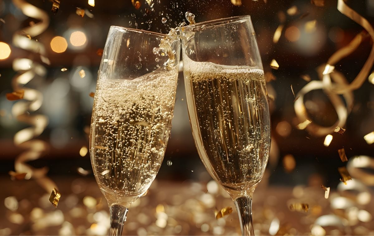 gold image of a champagne test with two glasses with confetti
