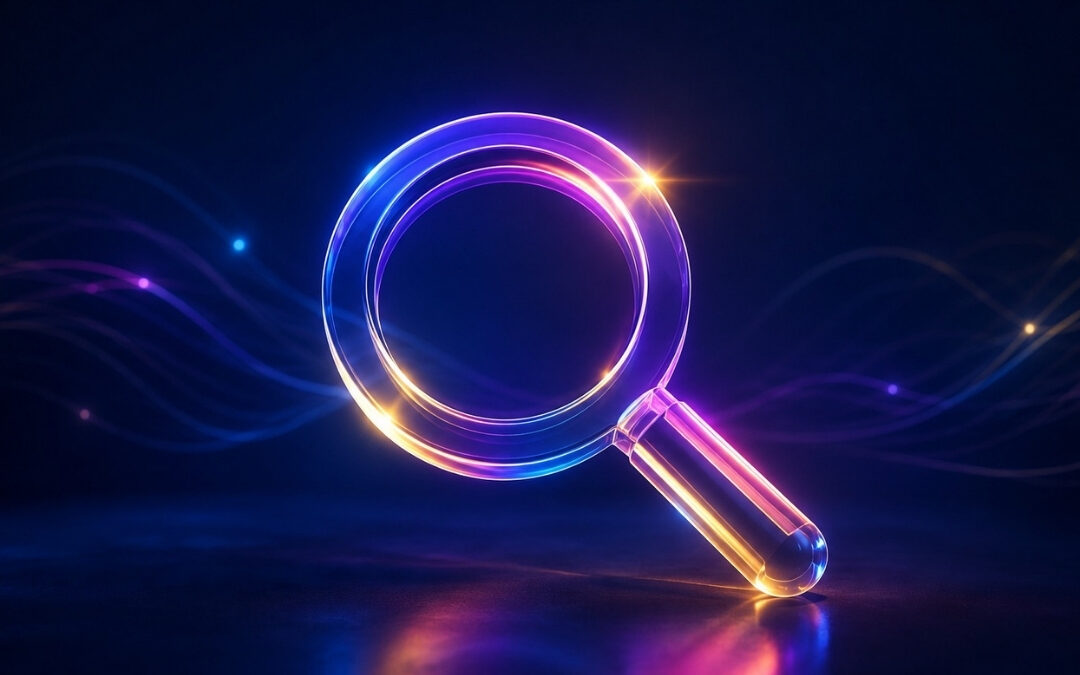 Glass magnifying glass glowing in blue, purple, pink and gold against a dark navy background, representing AI search and Knowledge Formation Optimization.