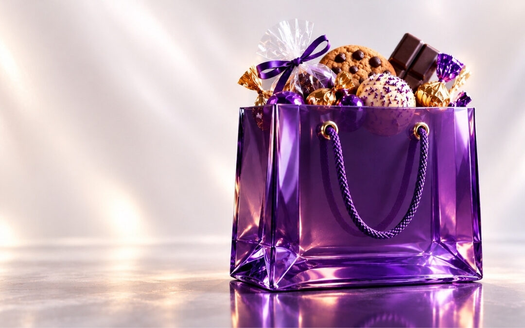 Purple glass shopping bag overflowing with chocolates and colorful wrapped treats against an elegant pearl-white background.