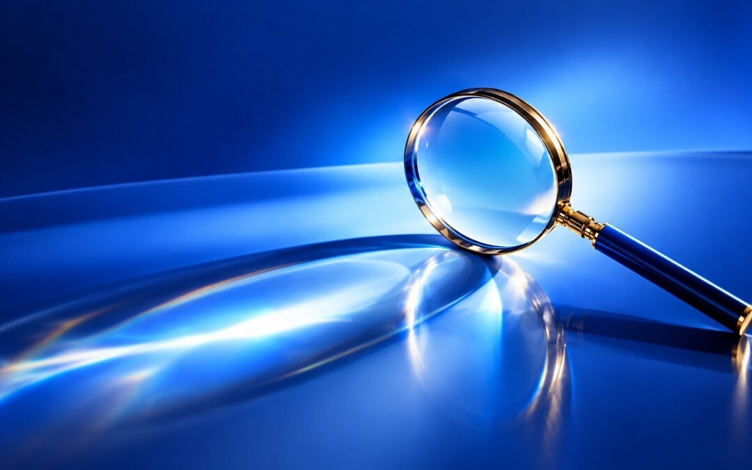 Gold-trimmed magnifying glass on a vibrant cobalt-blue background, symbolizing Google AI search optimization and online discovery.